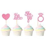 Blumomon 24Pcs He Asked She Said Yes Cupcake Toppers Light Pink Glitter Heart Ring Cupcake Picks Wedding Engagement Bridal Shower Party Cake Decorations Supplies