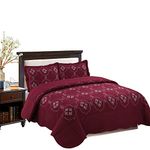 MarCielo 3-Piece Fully Quilted Embroidery Quilts Bedspreads Bed Coverlets Cover Set, White, Black, Emma(Queen Size, Burgundy)