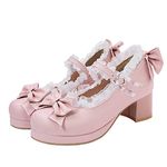 LUXMAX Women Kawaii Lolita Shoes Mid Block Heel Mary Jane Rockabilly Pumps with Bow, Size 4 M US,Pink