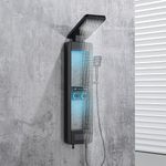 ELLO&ALLO LED Shower Panel Tower System with Shelf, Rainfall Shower Head and Rain Massage System with Body Jets, Stainless Steel Bathroom Fixtures, Matte Black