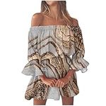 AMhomely Summer Dresses for Women UK Stylish Sexy Casual Off Shoulder Bell Sleeve Solid and Printed Ladies Trendy Tunic Activewear Vacation Cocktail Formal Work Wedding, 8 Brown