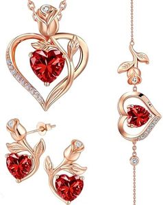 JACUPO Rose Heart Necklace Earrings Bracelet Set Moissanite/Lab-Grown Sapphire/Ruby Options S925 Silver Plated 18K White Gold Engraved I LOVE YOU Ideal for Mother's Day Proposal Gift for Girlfriend Wife (Necklace 1.2CT / Earrings 0.8CT)