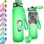 Live Infinitely 34 oz Gym Water Bottle with Time Marker - Fruit Infuser Screen BPA Free 1 Liter Water Bottle - Locking Flip Top Lid & Durable Travel Bottle Coating (Lime 34oz)