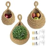 Coptiner 3Pcs Hanging Fruit Baskets for Kitchen, Hanging Basket Cotton Teardrop Hanging Baskets with three kinds of Hooks Fruit Space Saver Storage Organiser for Vegetable Onion Potato Storage (Khaki)