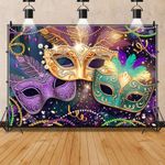 Masquerade Backdrops Mask Mardi Gras Carnival Photography Backdrop Fiesta Dress-up Photo Background Purple Green Gold Glitter for Birthday Dance Party Decoration Banner Photo Booth 7x5ft