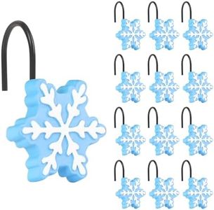 Sunlit Christmas Shower Curtain Hooks, Snowflakes Shower Curtain Rings with Black Hooks, Resin, Light Blue and White Christmas Decor, Winter Bathroom Decoration, Set of 12