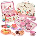 Flower Tea Set for Little Girls, Birthday Gift for Age 3 4 5 6 Year Old, Toddler Toys Tea Party Set for Little Girls, Princess Kids Kitchen Pretend Toy with Tin Tea Set, Desserts & Carrying Case