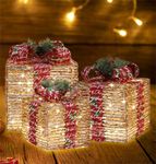 GLOWNOVA 14‘’+12‘’+9'' Christmas Set of 3 Lighted Rattan Gift Boxes Decorations, 91 LED Warm White Light Up Christmas Tree Skirt Ornament, Pathway Present Boxes for Holiday Party X-mas Home Yard