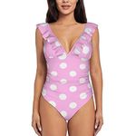 PIXOLE Pink Polka Dots Print Women One Piece Swimsuits Tummy Control Bathing Suit Ruffle V Neck Swimwear Slimming