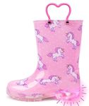 OUTEE Toddler Girls Rain Boots Little Kids Baby child Light Up Waterproof Rubber Shoes Unicorn Printed Mud Lightweight Adorable with Easy-On Handles Non Slip Sole Pink Size 1