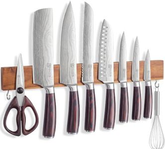 PAUDIN Magnetic Knife Strips 18 Inch, Acacia Wood Magnetic Knife Holder for Wall with 2 Hooks, Magnetic Knife Rack for Kitchen Utensil Organizer, Magnetic Bar for Tools Scissors Keys
