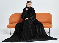 Wearable Blanket Adult-TV Blanket- Super Soft Faux Fur Throw Blanket, 61x80, with a Foot Pocket, Large, Blanket with Sleeves,Blanket with Foot Pocket (Black, 61x80in)