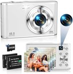 4K Digital Camera, 48MP Autofocus Compact Kids Camera with Dual Camera, 16X Digital Zoom Point and Shoot Cameras with 32GB Card & 2 Batteries Vlogging Camera Gift for Teen Beginners - White