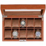 ROTHWELL 10 Slot Leather Watch Box - Luxury Watch Case Display Organizer, Ultra Soft Microsuede Liner, Locking Jewelry Watches Holder With Large Glass Top (Tan/Brown)