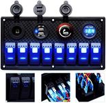 MKING Marine Switch Panel, 8 Gang Waterproof Rocker Switch Panel,Boat Rocker Switches Waterproof with Circuit Breaker USB&Typ-c Charger Digital Voltmeter Cigarette Socket 12V Blue LED Switch Panel