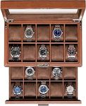 ROTHWELL 20 Slot Leather Watch box - Luxury Case Display Jewelry Organizer, Locking Holder with Large Real Glass Top Organizer for Men and Women (Tan/Brown)