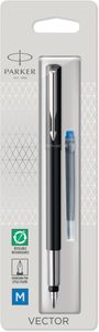 Parker Vector Fountain Pen – Black with Chrome Trim, Medium Nib, Blue Ink