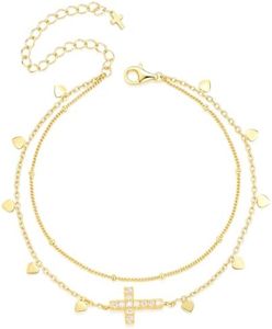 Ankle Bracelets for Women 0.253 Carats Moissanite Cross Anklets 14K Yellow Gold Plated Sterling Silver Heart Bead Layered Anklet Waterproof Adjustable Chain Cute Trendy Summer Beach Foot Jewelry Gift