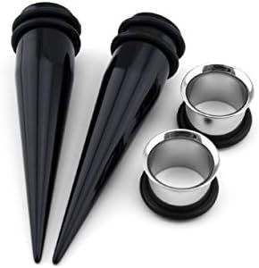 Urban Body Jewelry 9mm Ear Stretching Kit - 2 Black Acrylic Tapers & 2 Steel Tunnels (4 Pieces), Stainless Steel