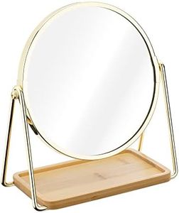 Navaris Vanity Mirror with Tray - Double-Sided Table Top Makeup Mirror with 1x/2x Magnification and Bamboo Base - for Bathroom, Bedroom, Desk - Gold