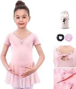 RUNTOO MU Ballet Leotards for Girls, Girls Cotton Ballet Dance Dress，Dance Leotards for Toddlers, Pleated Sleeve Skirts, Bow design (AU, Age, 9 Years, 10 Years, Pink)