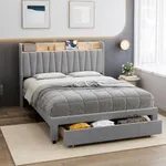 Full Size Bed Frame with Storage Headboard and Charging Station, Upholstered Platform Bed Frame with Drawer, Mattress Foundation with Solid Wooden Slats Support, No Box Spring Needed, Light Grey