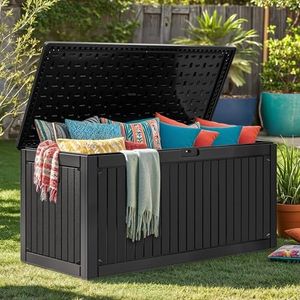 DWVO 260 Gallon Resin Outdoor Storage Box, XXL Double-Wall Waterproof Deck Box with Divider, Doubles as Table or Seating with 1000 lbs Capacity, Lockable (Black)
