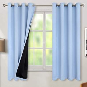 BGment 100% Blackout Curtains for Bedroom with Black Liner, Double Layer Thermal Insulated Full Room Darkening Noise Reduce Curtains for Quality Sleep, 2 Panels, Each W132cm x D160cm, Light Blue