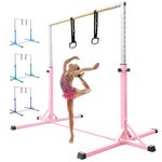 FBSPORT Gymnastics Bar Horizontal Bar with Gymnastic Rings for Kid,13 Height Adjustable, Junior Training Kip Bar Gymnastics Training Equipment for Home Gym Indoor Garden Outdoor Pink