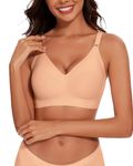 WOWENY Non Wired Bras for Women with Support Padded Seamless Wireless Tshirt Bra Soft V Neck Bralette Comfy Everyday Bustier Beige, M