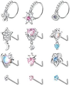 JOERICA 12 Pcs 20G Dangle Nose Rings for Women Nose Stud L Shaped Stainless Steel Nose Ring Hoops Butterfly Heart Moon Flower Evil Eye Crown CZ Dangling Nose Piercing Jewelry, Stainless Steel,