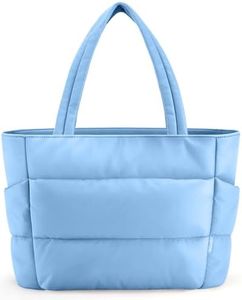 HOTOR Puffer Tote Bag for Women, Nurses - Multi-Pocket Lightweight Bag for Work - Quilted Handbag for Travel and Gym, Light Blue, 18.1" x 6.3" x 11.8"