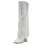 SOVANYOU Sparkly Rhinestone Fringe Boots for Women Western Cowboy Boots Pointed Toe Block High Heels Knee High Boots with Side Zipper, Rhinestone, 8 UK