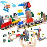 ORBRIUM Lift and Load Wooden Train Set with Magnetic Crane, Magnetic Helicopter, Large Diesel Engine, Semi-Truck, Shipping Container Flat Car Compatible with Thomas, Brio, Chuggington, Melissa & Doug