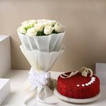 FlowerAura Tasty 500g Red Velvet Cake With Fresh Live 12 White Rose Flower Bouquet For Valentine's Day Gift, Birthday Gift, Anniversary Gift, Women's Day Gift, Mother's Day Gift (Same Day Delivery)