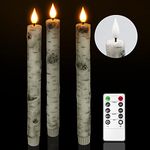 Flameless Taper Candles with Remote Timer, Pack of 3 Birch Bark Real Wax Battery Operated Candlesticks, 9.6 Inches LED Flickering Window Candles for Home Wedding Christmas Decor