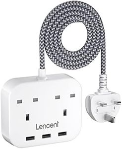 LENCENT Mini Extension Lead with 3 USB Port, 2 Way Outlets Power Strip with 3 USB Slots, Multi Plug Power Extension with 1.8M Braided Extension cord for Home Office Travel (13A 3250W)