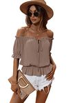 SweatyRocks Women's Off Shoulder Flounce Short Sleeve Tie Front Chiffon Blouse Ruffle Hem Peplum Crop Top, Dusty Pink, Small