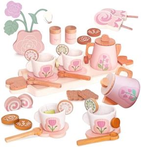 Wooden Tea Set for Little Girls, Play Kitchen Accessories for Toddlers Tea Party with Play Food, Pretend Play Tea Set Toy, Improve Imagination and Social Skills