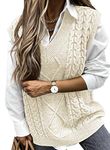 EVALESS Womens Sweater Vest V Neck Sleeveless Sweaters for Women Cable Knit Solid Color Tops Loose Casual Soft Sweater Beige Medium