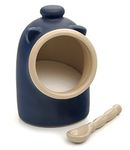 Blue stoneware Salt Pig Including Spoon Salt Keeper