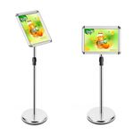 Mutualsign A4 Sign Holder Stand Adjustable Poster Display Stand, Aluminum Menu Stand Floor Display Stands Replaceable Advertisement with Stable Base (Silver）