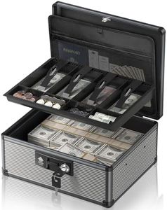 Lockbako Locking Cash Box with Money Tray and Key, Secure Money Safe Box for Cash, Portable Money Box with 2 Storage Spaces and Removeable Storage Bag, Money Saving Organizer (Black, XX-Large)