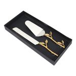 SAAGA Cake Server and Cutting Knife Set with Gold Plated Leaf Handle | Set of 2Pieces | Made with Stainless Steel and Brass (Gold Plated) - Knife - 12.5In and Spatula - 10.75In