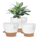 12+10+9Inch Self Watering Plant Pots Set, Large Plastic Planters with Drainage Holes and Saucers, Big Flower Pots Set for Indoor Outdoor Plants - White, 3 Pack