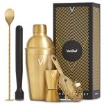 VonShef Cocktail Shaker Set, Gold 5pc Set with 550ml Manhattan Cocktail Shaker, Professional Bartender Set for Home Bar, Including Strainer, Muddler & Other Bar Accessories, Gift Box Included