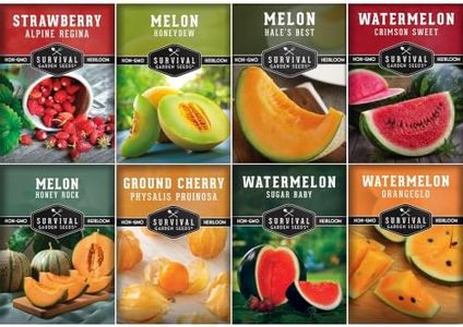 Fruit Seeds for Planting - 8 Variety Pack | Watermelon, Cantaloupe, Melon, Strawberry, Cucamelon for Home Vegetable Gardens - Non-GMO Heirloom Fruits - Survival Garden Seeds