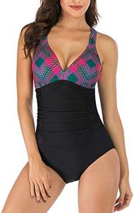 HAIVIDO V Neck One Piece Swimsuits with Ruching Bathing Suits Tummy Control Beach Swimwear for Women Print-2 S