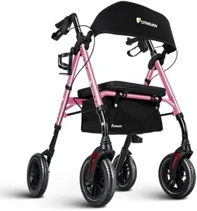 FlyingJoy Rollator Walkers for Seniors, Foldable Rolling Walker with Ergonomic Seat, Armrest, Brake, and Wide Backrest, Adjustable Height, Weight 300 lbs, 8" 4 Wheels Suitable for All Terrains, Pink