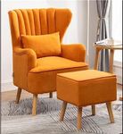 PHIRKCRAFT Solid Wood Wing Chair for Living Room/Footrest for Bedroom, Velvet Accent Chair with Pouffes, High Back, Single Seater Sofa with Stool, Orange